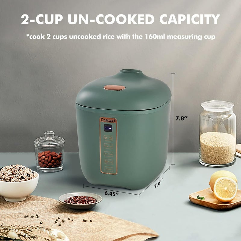 CHACEEF Mini Rice Cooker 2 Cups Uncooked, 1.2L Rice Cooker Small, Portable Non-Stick Small Travel Rice Maker, BPA Free, Smart Control Multifunction Cooker with 24 Hours Timer Delay & Keep Warm Function, Green - Image 4